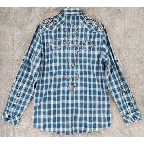 Austin Season Shirt Mens Large Plaid Distressed Embroidered Western Cowboy Top - Picture 2 of 12